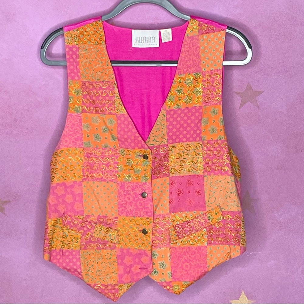 Vintage Passports Vest Womens Medium Patchwork Floral Boho Bright 90s